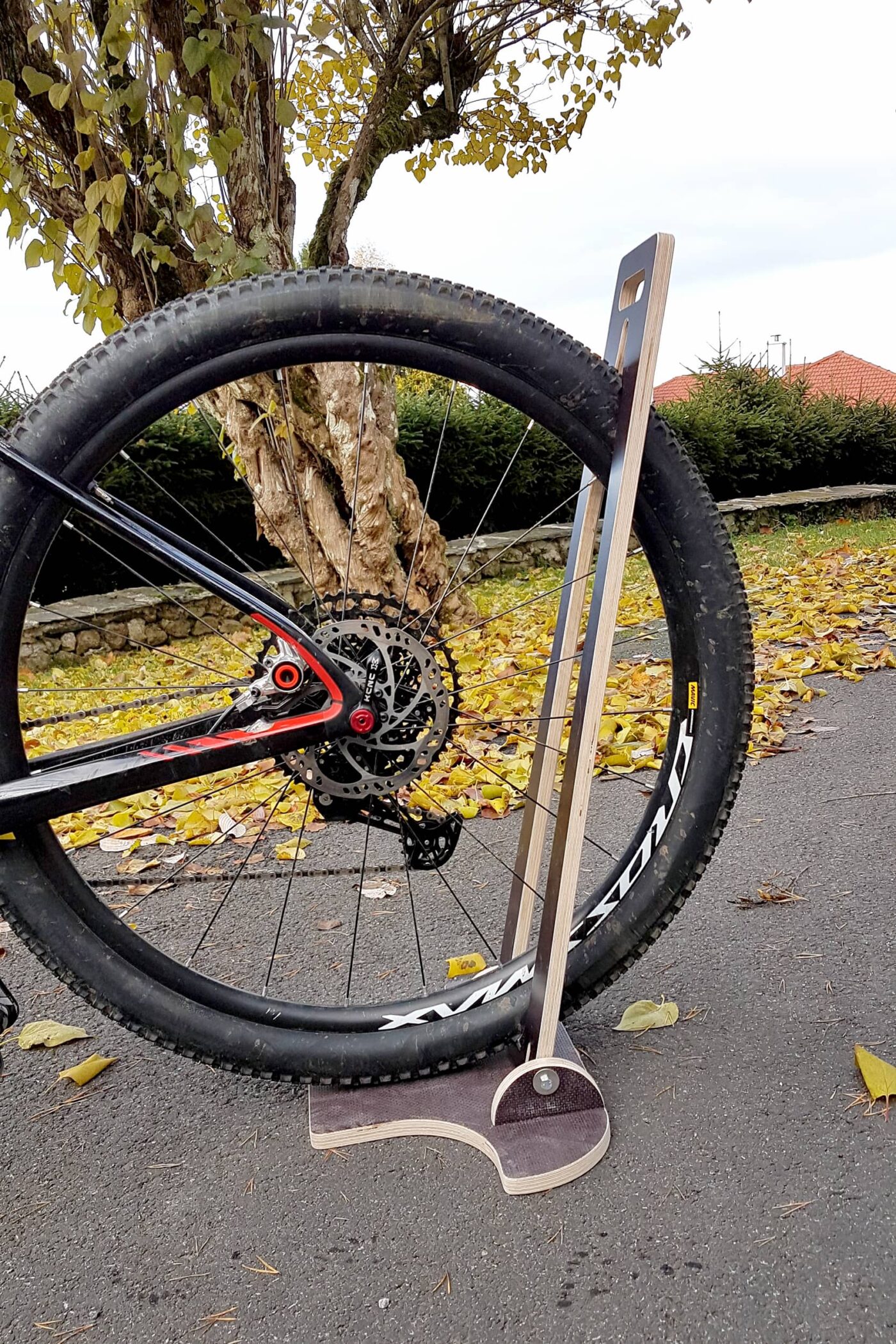 Roue arrière bloquée dans le support vertical du porte-vélo intérieur de véhicule TIDY